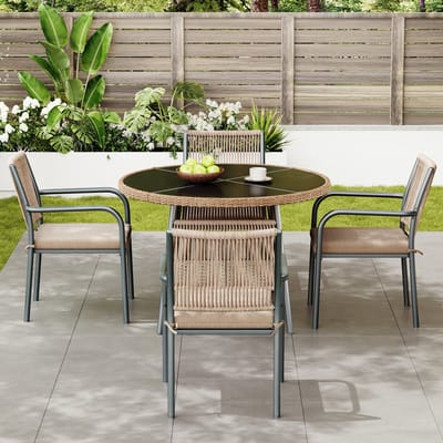 MODFU - 5-Delige Tuinset - Ronde Eettafel Met Gehard Glas - 4 Stoelen Met Armleuningen - Ijzeren Frame - Grijs