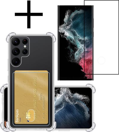 Hoesje - Geschikt voor Samsung Galaxy S22 Ultra - Met Screenprotector - En Pashouder - En Kaarthouder - Telefoon Hoes Shockproof - Siliconen Case - Back Cover - Shock Proof - Pasjes Houder - Transparant