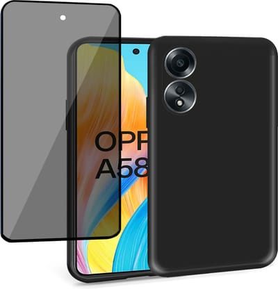 Geschikt voor OPPO A58 - Hoesje + Privacy Screenprotector – Privé Gehard Glas Cover - Suède Case Zwart
