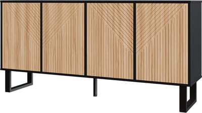 Modern, minimalistisch dressoir met contrasterend design in zwart houtnerf, 3D-gestreept front, extra grote opbergruimte, geschikt voor hal en woonkamer.
