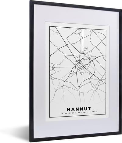 Fotolijst incl. Poster Zwart Wit- België – Hannut – Stadskaart – Kaart – Zwart Wit – Plattegrond - 30x40 cm - Posterlijst