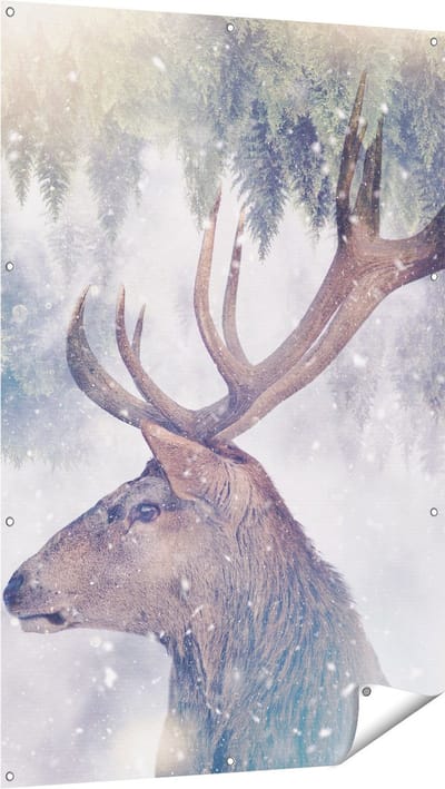 Gards Tuinposter Hertenkop - Hert op een Bomen Achtergrond - 100x150 cm - Tuindoek - Tuindecoratie - Wanddecoratie buiten - Tuinschilderij