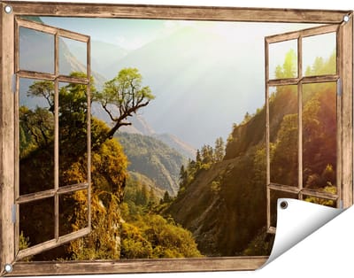 Gards Tuinposter Doorkijk Bos in de Bergen met Zonneschijn - Kleur - 90x60 cm - Tuindoek - Tuindecoratie - Wanddecoratie buiten - Tuinschilderij