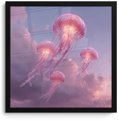 Poster in lijst - Fotolijst 40x40 cm - Posters - Kwallen - Roze - Wolken - Posterlijst zwart - Decoratie - Wanddecoratie woonkamer - Muurdecoratie slaapkamer