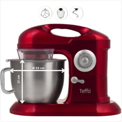 Teffo stand mixer - keukenmixer - rood - 7 liter - 10 standen - 1200 watt