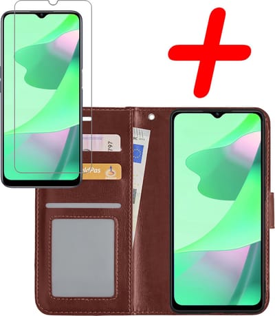 Hoesje Met Screenprotector - Geschikt voor OPPO A16s - Luxe Pasjeshouder - Bookcase Portemonee - Flip Case - Kunstleer Book Case - Flipcase - Book Cover - Walletcase - Portemonneehoes - Bruin