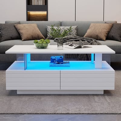 BLACKCOLORS Witte LED-salontafel met opbergfunctie, LED-salontafel van acryl, bijzettafel, rechthoekige salontafel met dubbele laag en Bluetooth-bediening via een mobiele app, geschikt voor feesten, kantoren