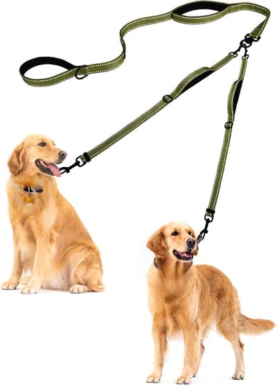 dubbele hondenriem, geen wirwar dubbele riem, reflecterende wandeltrainingslijn, 4 comfortabele gevoerde handgrepen voor 2 honden met inklapbare kom en afvalzakken