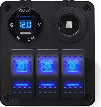 ProRide Schakelpaneel 12V voor Auto/Boot - USB Lader 2 Poorten met Sigaretten stopcontact - 5V/2.4A - DS2114B - 3 schakelaars