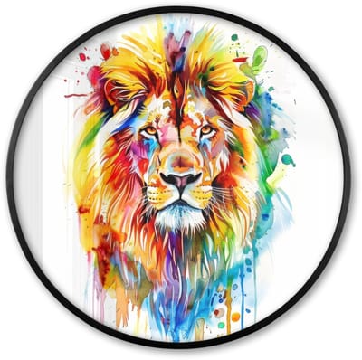 Poster in lijst Rond - Fotolijst 60x60 cm - Posters - Leeuw - Verf - Kleurrijk - Wit - Dier - Ronde posterlijst zwart - Decoratie - Wanddecoratie woonkamer - Muurdecoratie slaapkamer
