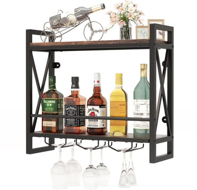 COSTWAY Wijnrek met 2 niveaus, houten flessenrek met metalen frame, met 3 rijen wijnglazenhouder, industrieel design, ideaal voor thuis, bar, keuken, restaurant, 60 x 20 x 55 cm