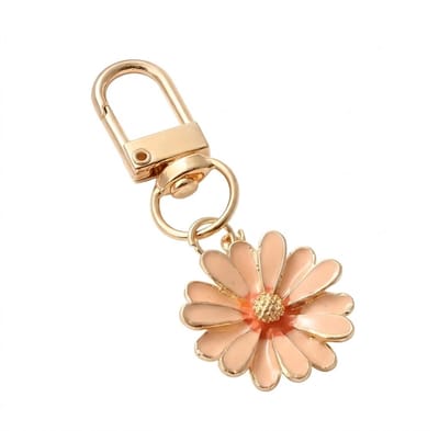 Perzik roze goudkleurige bloemen sleutelhanger met metalen clip en kleine daisy bloem hanger – sleutelhanger voor dames en heren – decoratieve keychain met bloemvorm en goudkleurige afwerking