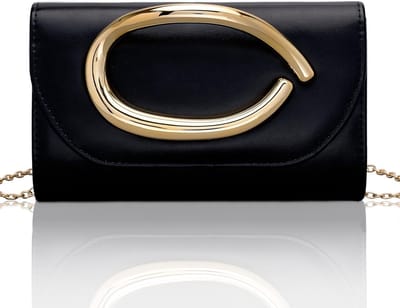 Elegante Vintage Leren Clutch met Gouden Handvat, Perfect voor Bruiloften en Avondfeesten, Zwart en Compact Ontwerp