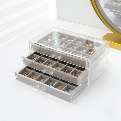 Sieradenopbergdoos voor Oorbellen, Acryl Organizer met Fluwelen Lades en 3 Lades voor Vrouwen en Meisjes (Grijs)