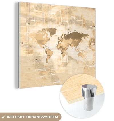 ® Glasschilderij 90x90 cm - Schilderij acrylglas - Wereldkaart - Vintage - Krantenpapier - Foto op glas - Muurdecoratie woonkamer - Wanddecoratie slaapkamer - Schilderijen