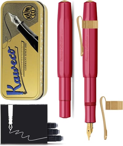 Kaweco Cadeauset - Vulpen - Nostalgic Octagonal Clip Vergoldet - ALUMINIUM SPORT - Sport Aluminium Ruby Red - EXTRA BREED - Vintage blikje - Extra Doosje Vullingen
