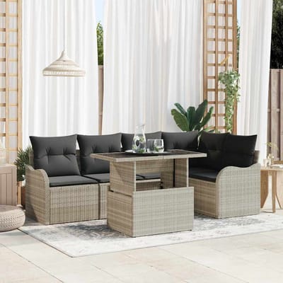 vidaXL Tuinbank Set met kussen met kussen 6 pcs Lichtgrijs Poly Riet