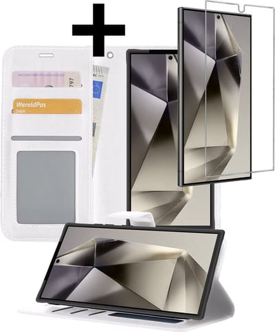 Hoesje - Met Screenprotector - Geschikt voor Samsung Galaxy S24 Ultra - Luxe Pasjeshouder - Bookcase Portemonee - Flip Case - Kunstleer Book Case - Flipcase - Book Cover - Walletcase - Portemonneehoes - Telefoonhoesjes - Wit