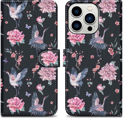 Cadorabo Hoesje geschikt voor Apple iPhone 14 PRO - Design Kraan & Bloemen No. 9 - Beschermhoes Case Cover met magnetische sluiting, standaardfunctie en kaartvakje