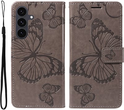 Coverup Hoesje - Geschikt voor Samsung Galaxy S25 FE Hoesje - Coverup Vlinders Book Case - Taupe Grijs