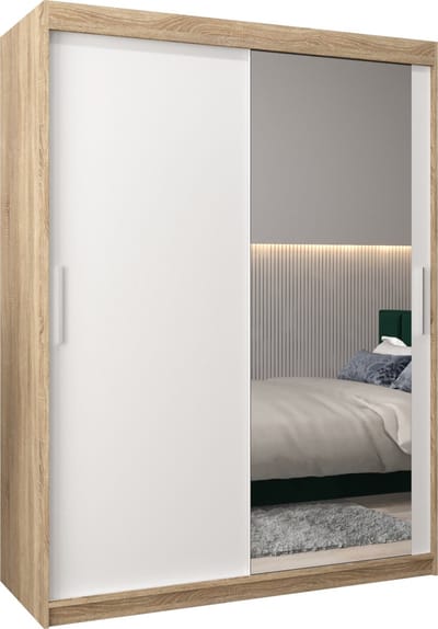 InspireMe - Kledingkast met 2 schuifdeuren, Modern-stijl, Kledingkast met planken (BxHxD): 150x200x62 - TORM II 150 Sonoma Eik + Wit Mat met 2 lades