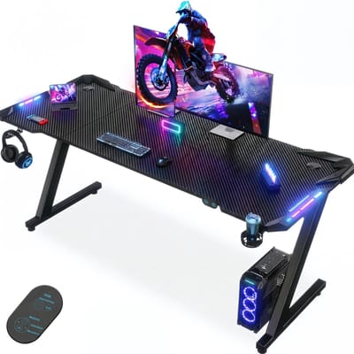 Devoko Gaming Bureau 160x60x75 cm - Carbon Look Bureau met LED Verlichting en Touch-bediening - 100 kg Draagvermogen - Bekerhouder en Koptelefoonhaak - Zwart