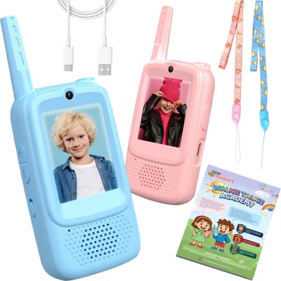 Walkie Talkie met Beeld - Incl. Leerzaam Opdrachtenboek - Oplaadbaar - HD Video Walkie Talkies voor Kinderen - Set van 2 - Roze & Blauw