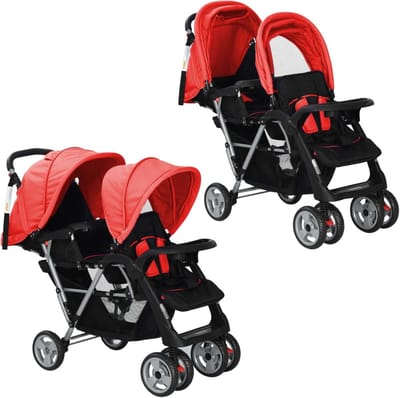 Tandem Kinderwagen - Dubbele Buggy - Kinderen Vervoeren - Stalen Frame - Tot 15kg - Rood Zwart