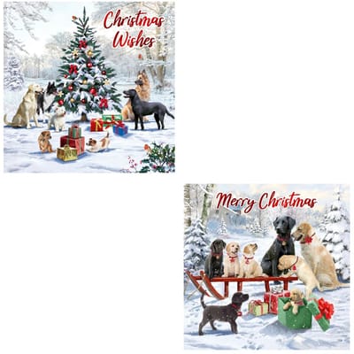 12 Traditionele Engelstalige dubbele Kerstkaarten met honden - 14 x 14 cm