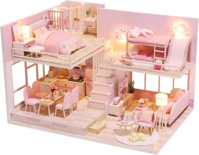 Poppenhuis Set - Miniatuur Huis - Doe Het Zelf - Met Muziek - 26 x 19 cm - Roze