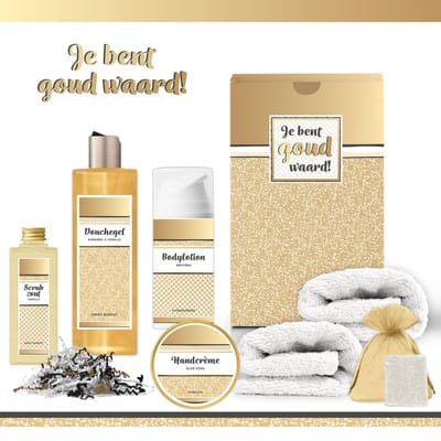 Geschenkset “Je bent goud waard!” - 7 producten - 550 gram | Luxe Cadeaubox voor haar - Wellness Pakket Vrouw - Giftset Vriendin - Moeder - Cadeaupakket Collega - Cadeau Zus - Verjaardag Oma - Moederdag - Kerstpakket - Kerst Cadeau - Goud