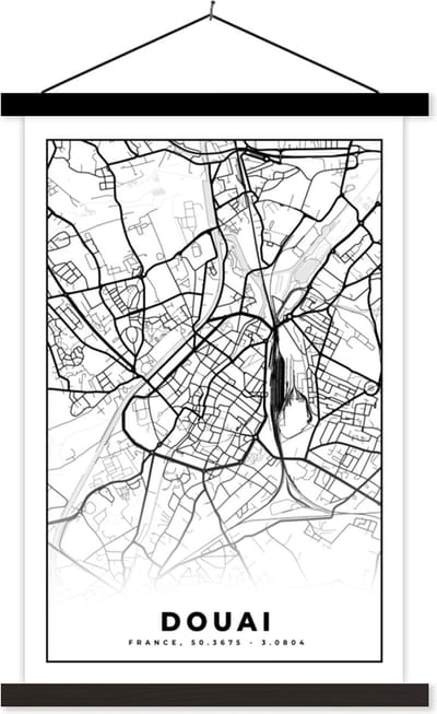 Posterhanger incl. Poster 40x60 cm - Schoolplaat - Kaart - Plattegrond - Frankrijk - Stadskaart - Douai - Zwart wit - Textielposter - Zwarte latten - Stadskaart