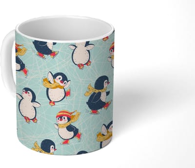 Mok - Koffiemok - Kinderen - Pinguïn - Schaatsen - Winter - Patronen - Mokken - 350 ML - Beker - Koffiemokken - Theemok