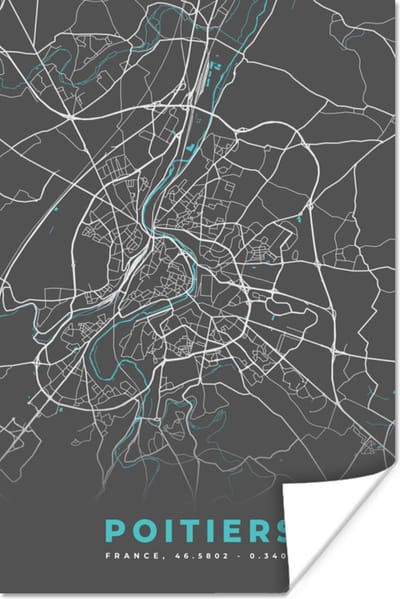Poster Poitiers - Frankrijk - Plattegrond - Kaart - Stadskaart - 120x180 cm XXL