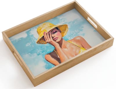 Dienblad hout 40x30 cm - Schootdienblad - Schilderij - Vrouw - Hoed - Geel - Borrelplank rechthoek - Plateau dienbladen