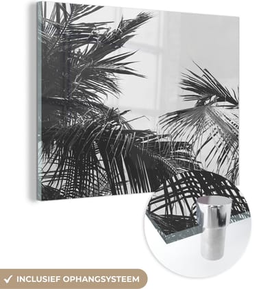MuchoWow® Glasschilderij 120x90 cm - Schilderij acrylglas - Palmbladeren - Natuur - Vintage - Palmboom - Foto op glas - Schilderijen