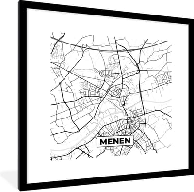 Fotolijst incl. Poster Zwart Wit- Kaart – Plattegrond – Stadskaart – Menen – België – Zwart Wit - 40x40 cm - Posterlijst