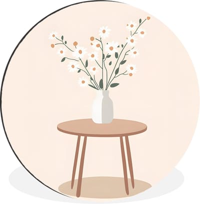 WallCircle - Wandcirkel - Muurcirkel - Vaas - Bloemen - Madeliefjes - Beige - Aluminium - Dibond - 30x30 cm - Binnen en Buiten