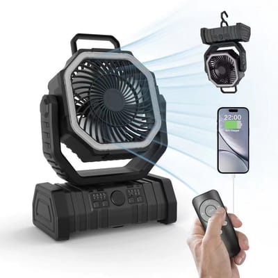 Draagbare campingventilator met LED-verlichting, 4 snelheden, 20000 mAh accu met afstandsbediening en haak, stille USB-tafelventilator voor vissen, picknicks, barbecues en wandelen.