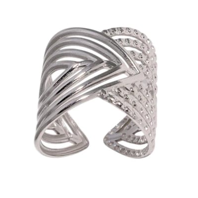 Aramat Jewels | Ringen | Brede Damesring Verstelbaar – Open Ring met Lijnen – 23 mm | Zilverkleur | |23mm | Staal | Volwassenen | Verkleurd niet