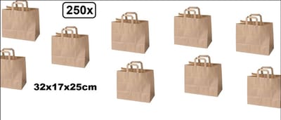 250x Tas papieren draagtas bruin kraftpapier 32x17x25cm - tas papier kraft bruin