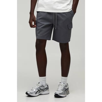 Essentiële Relaxed Fit Elastische Twill Cargo Shorts Met Middellange Lengte | Grey | Size XS