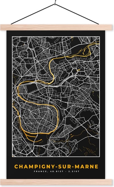Posterhanger incl. Poster 40x60 cm - Schoolplaat - Champigny-sur-Marne - Stadskaart – Plattegrond – Kaart – Frankrijk - Textielposter - Blanke latten - Stadskaart