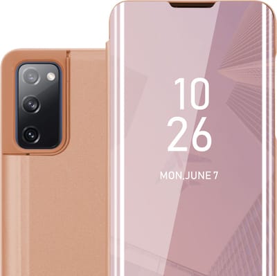 Cadorabo Hoesje geschikt voor Samsung Galaxy S20 FE in KUNZIET ROZE - Clear View Spiegel Beschermende Case met Tribunefunctie 360 Graden Bescherming Book Case Cover Etui