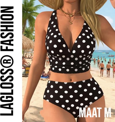 LaGloss® Zwart-Wit Stippen Bikini Set – Tweedelig Dames Badpak met Tijdloos Polkadot Design – Maat M