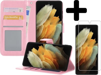 Hoesje - Met Screenprotector - Geschikt voor Samsung Galaxy S21 Ultra - Luxe Pasjeshouder - Bookcase Portemonee - Flip Case - Kunstleer Book Case - Flipcase - Book Cover - Walletcase - Portemonneehoes - Telefoonhoesjes - Lichtroze