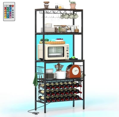 KOMFOTTEU Keukenrek met stopcontact, wijnrek voor 24 flessen & magnetron, bakkersrek met 3 houten planken & 8 haken & 4-kleurige verlichting, staand rek in industriële stijl voor keuken, woonkamer & thuisbar