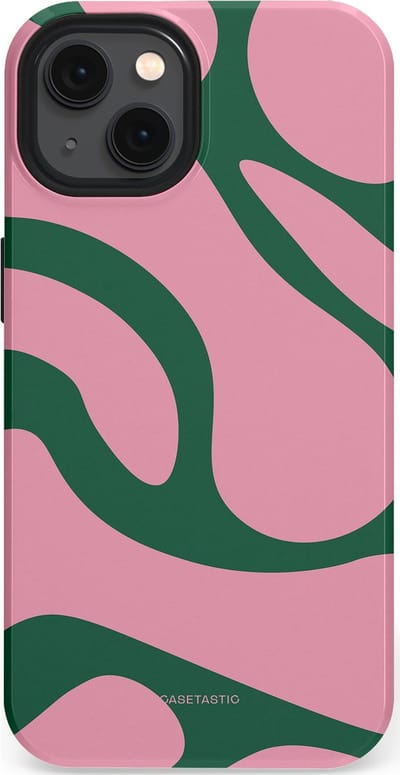 Casetastic hoesje geschikt voor Apple iPhone 13 - MagSafe - Dubbellaagse bescherming - Groen Roze Dansende Vormen - Fashion Case - Lichtroze Donkergroen