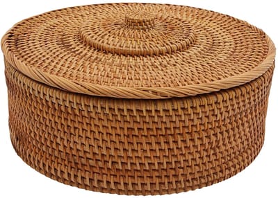 Handgeweven rieten opbergdoos – Voor woonkamer en keuken – opbergmand met deksel en handvat, draagbare koffer voor organisatie – riet – (kleur niet gespecificeerd)