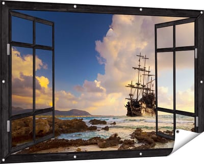 Gards Tuinposter Doorkijk Piratenschip aan de Kust bij Zonsondergang - 150x100 cm - Tuindoek - Tuindecoratie - Wanddecoratie buiten - Tuinschilderij